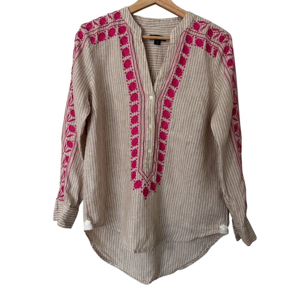J. Crew Embroidered V-Neck Tunic Striped 100% Linen Size XS